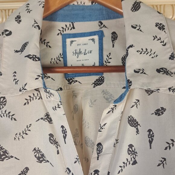 STYLE & CO Long Sleeve Button Down Cream With Black Bird Print Sz XL - Picture 5 of 12